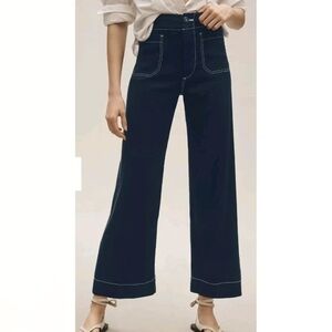 Anthropologie The Colette MAEVE Crop Wide Leg Navy Linen Stitch Pants 32Tall New